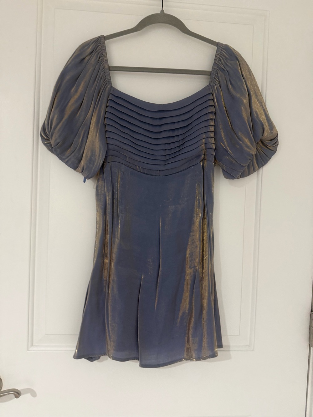 Blue Metallic-Accent Puff Sleeve Mini Dress